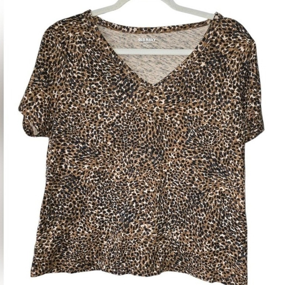 Old Navy V-Neck Slub T-Shirt Brown Leopard Print Cotton Top Large Mob Wife